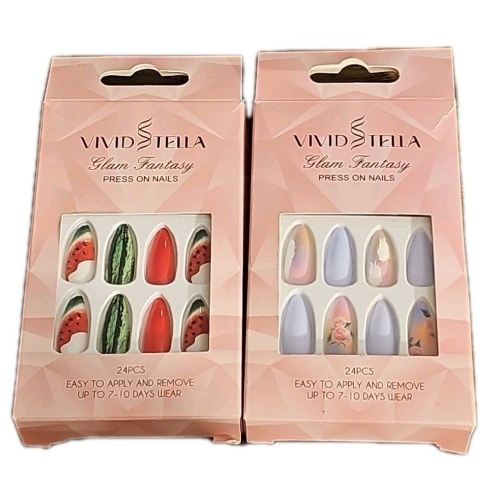 2 Pk, Vivid Tella Press On Nails, 1 Watermelon, 1 Pasel With Roses 24pc Each,Med